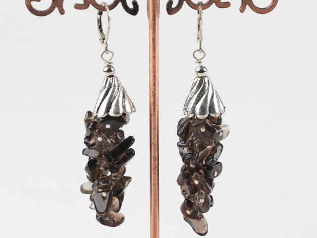 Fashion Cluster Style Smoky Quzrtz Chips And Cap Charm Dangle Earrings With Fish Hook