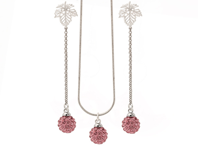 Classic Polymer Clay Pink Rhinestone Ball Pendant Necklace And Elegant Leaf Studs Earrings Sets