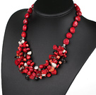 Assorted Red Coral and White Pearl and Smoky Quartz Necklace