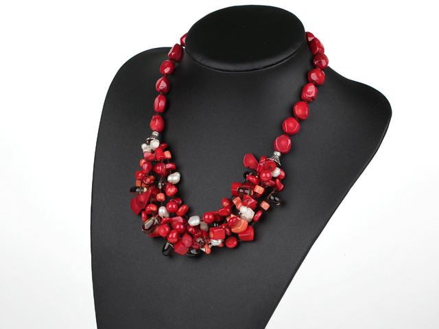 Assorted Red Coral and White Pearl and Smoky Quartz Necklace