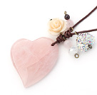 Heart Shape Rose Quartz and Multi Color Rhinestone and Flower Pendant Necklace with Borwn Leather Cord