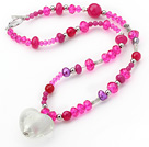 Hot Pink Series Crystal and Agate Necklace with Heart Shape Colored Glaze Pendant