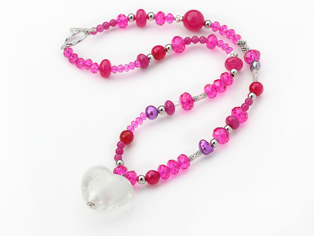 Hot Pink Series Crystal and Agate Necklace with Heart Shape Colored Glaze Pendant