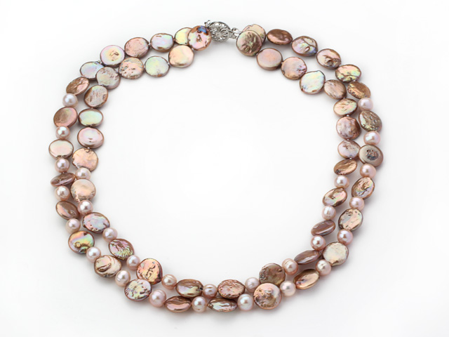 Two Strands Copper Color Coin Pearl Necklace with Round Pearl Beads