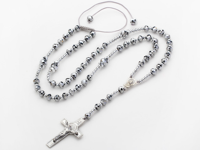 Long Style Silver Color Manmade Crystal Y Shape Extedable Necklace with Cross Pendant