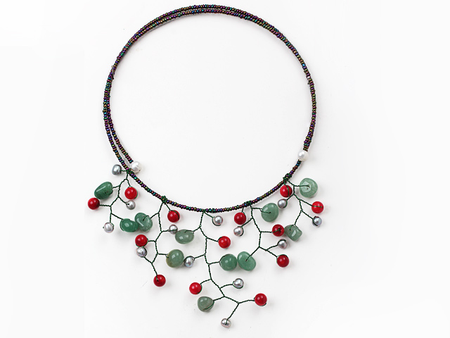 Elegent Style Red Coral and Gray Pearl and Aventurine Flower Necklace with Black Glass Beads Chain