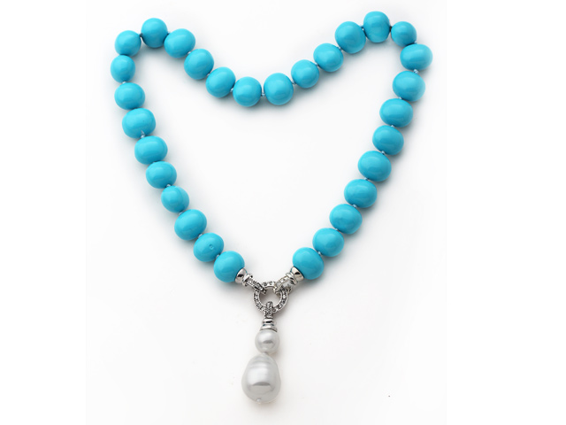 Elegent Style Potato Shape Blue Seashell Beaded Knotted Necklace with White Seashell Pendant