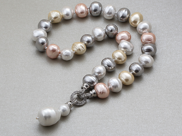 Potato Shape Gray and Pink and Champagne Color Seashell Beaded Knotted Necklace with White Seashell Pendant