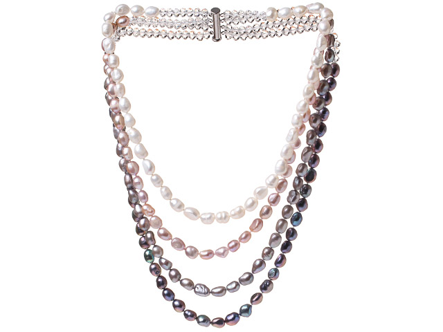 Nice Four Strands Multi Color Baroque Freshwater Pearl And White Crystal Beads Necklace With Magnetic Clasp