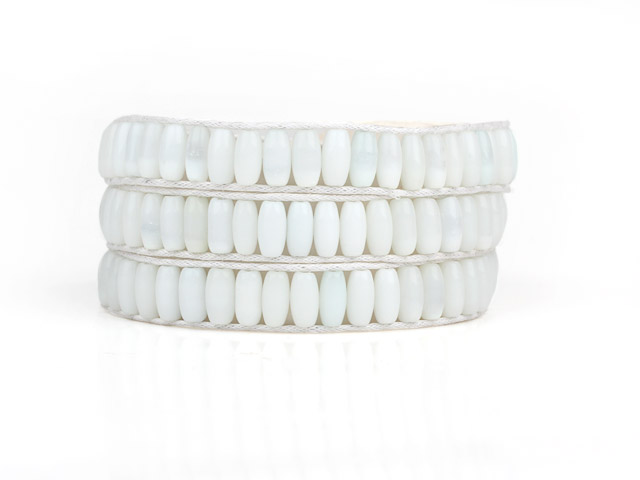 White Cats Eye 3 Wrap Bangle Bracelet with White Wax Cord and Shell Clasp