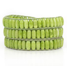 Apple Green Color Cats Eye 3 Wrap Bangle Bracelet with Green Wax Cord and Metal Clasp