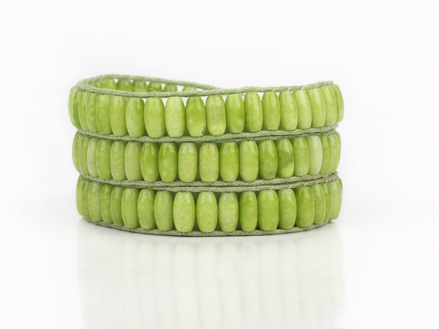 Apple Green Color Cats Eye 3 Wrap Bangle Bracelet with Green Wax Cord and Metal Clasp