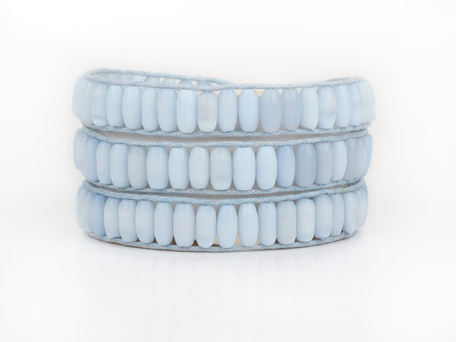 Gray with Blue Color Cats Eye 3 Wrap Bangle Bracelet with Blue Wax Cord and Shell Clasp