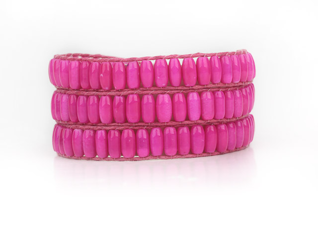 Hot Pink Color Cats Eye 3 Wrap Bangle Bracelet with Pink Wax Cord and Metal Clasp