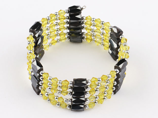 5 Rows Yellow Crystal Silver Beads And Black Magnetic Wrap Bangle Bracelet