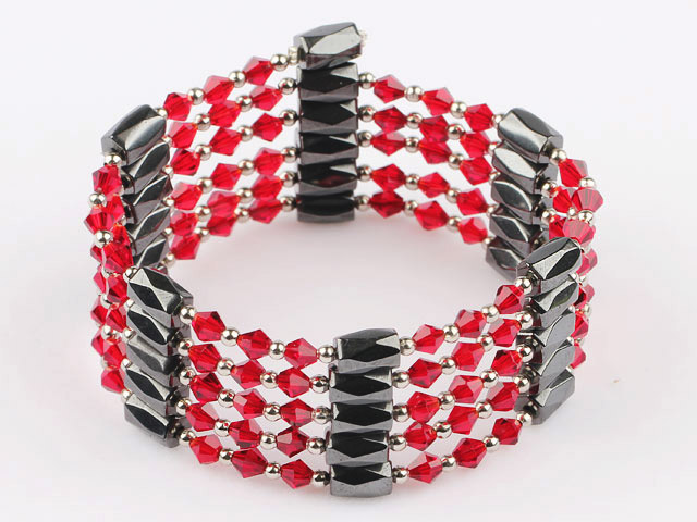 Fashion Multi-Row Red Crystal Silver Beads And Black Magnetic Wrap Bangle Bracelet