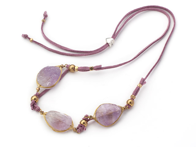 Purple Series Wire Wrapped Grinding Amethyst Pendant Necklace with Purple Leather