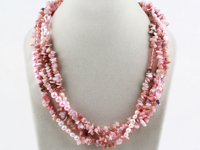 Multi Strands Pink Pearl Crystal and Pink Opal Necklace