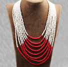 Multi Strands Multi Layered 4-5mm White and Red Plastic Seed Necklace