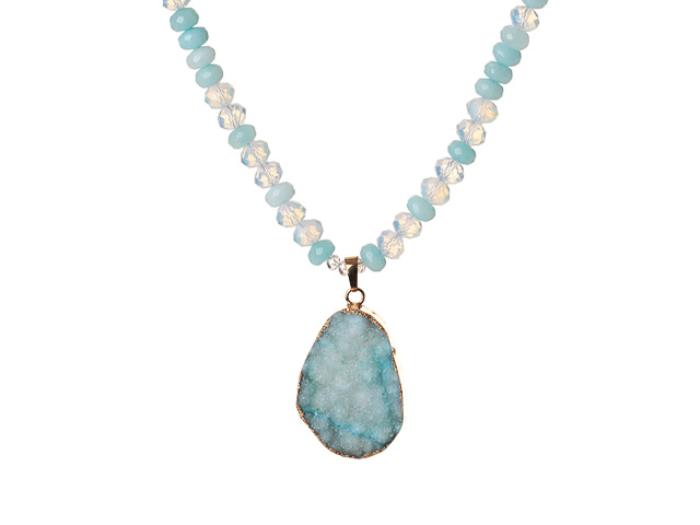 Light Blue Series Single Strand Clear Crystal and Kyanite Necklace with Leaf Shape Blue Crystallized Agate Pendant