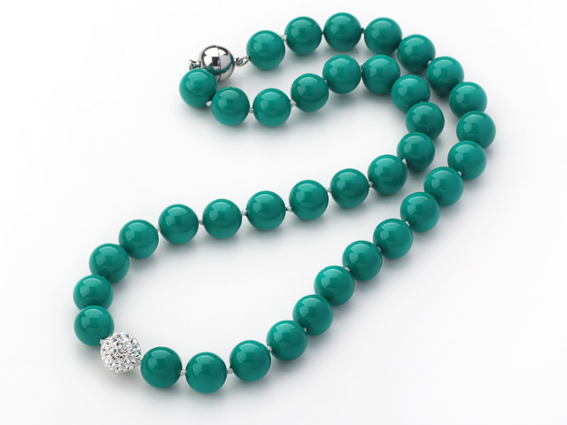 2013 Summer New Design Lake Green Color Round 10mm Seashell Beaded Knotted Necklace with White Rhinestone Ball