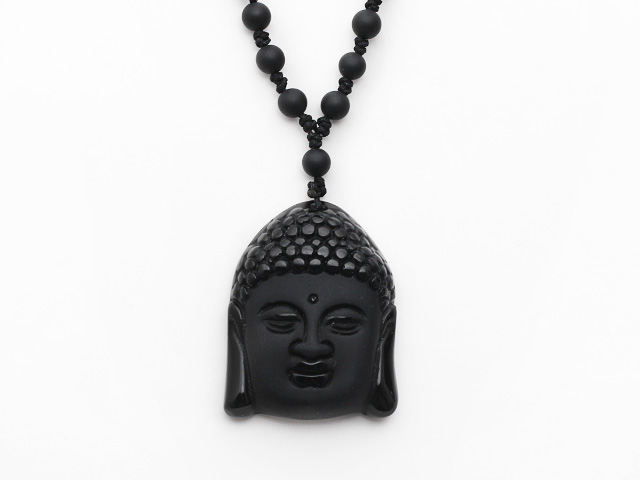 Black Grinding Agate Necklace with Black Obsidian Laughing Buddha Pendant