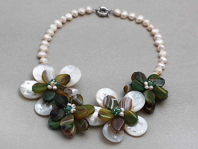 White Freshwater Pearl and White Shell and Green Agate Flower Necklace