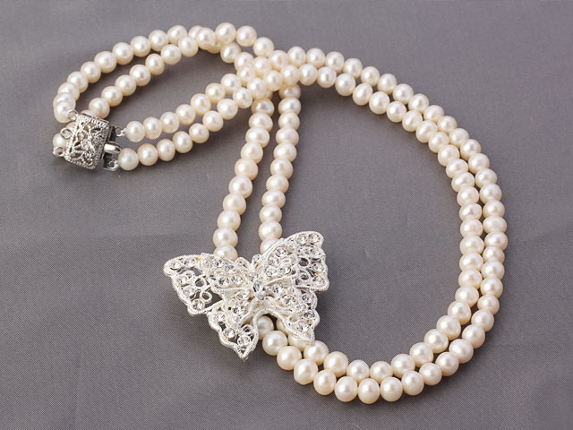 Fashion Double Strands White Freshwater Pearl Beaded Necklace With Rhinestone Butterfly Pendant