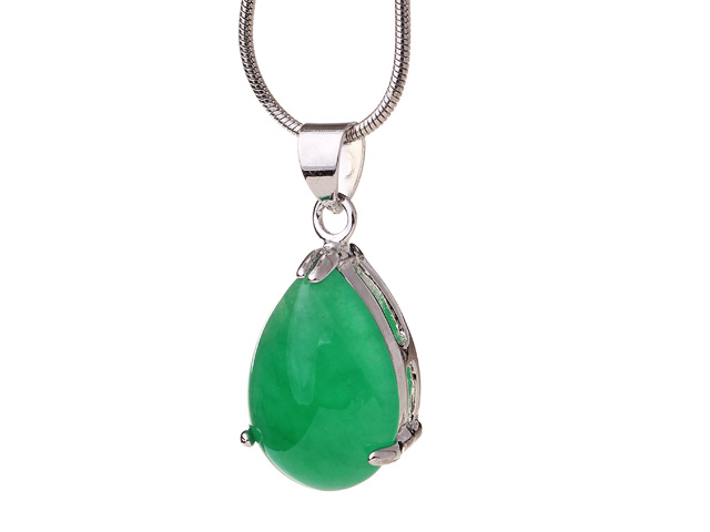 Lovely Teardrop Green Malaysian Jade Zircon Pendant Necklace With Metal Chain