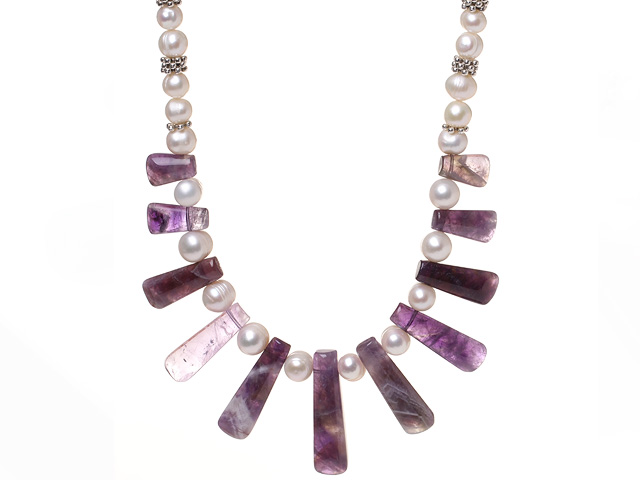 Beautiful Natural White Freshwater Pearl And Crabstick Shape Amethyst Strand Necklace (No Box)