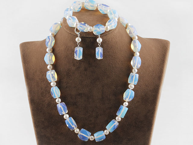 classical opal and white pearl necklace bracelet earrings set