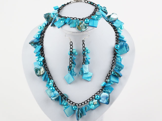 Sky Blue Series Blue Pearl Shell Set ( Necklace Bracelet and Matched Earrings )