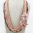 Pink Series Big Style Multi Strands Pink Freshwater Pearl Crystal and Rose Quartz Flower Party Necklace