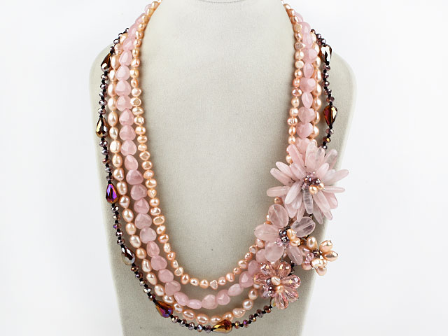 Pink Series Big Style Multi Strands Pink Freshwater Pearl Crystal and Rose Quartz Flower Party Necklace