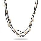 Three Strands 11-12mm White Freshwater Pearl and Black Leather Necklace