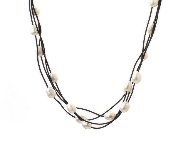 Three Strands 11-12mm White Freshwater Pearl and Black Leather Necklace