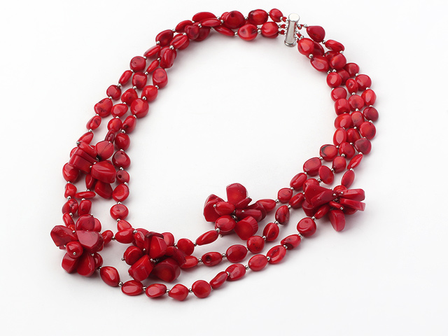 Elegant Multi Strand Mixed Red Coral And Flower Beaded Necklace With Magnetic Clasp