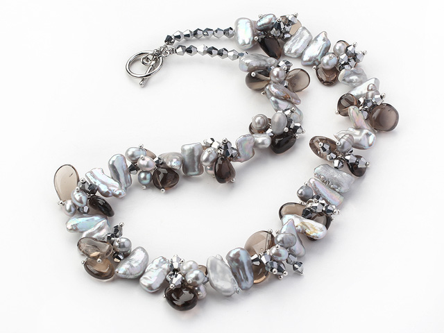 Biwa pearl and smoky quartz neckace with toggle clasp