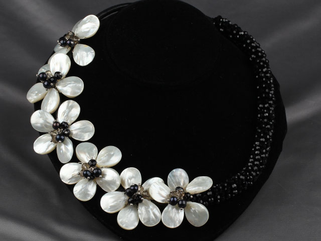 Black Series Black Crystal and White Lip Shell Flower Party Necklace