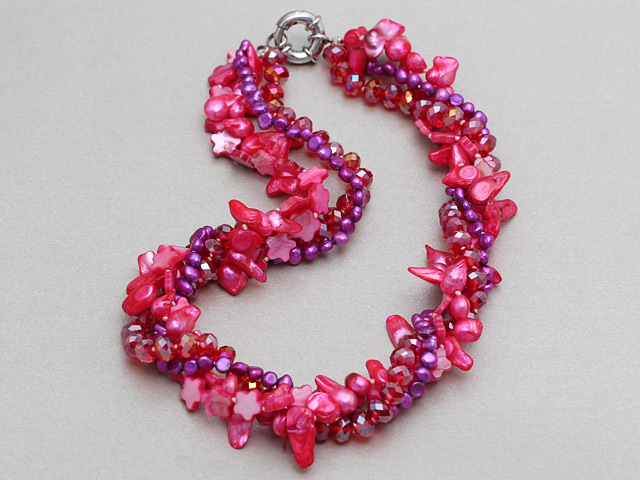 Assorted Hot Pink Freshwater Pearl and Red Crystal and Hot Pink Shell Necklace