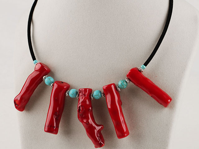 17.7 inches red coral branch and blue turquoise necklace