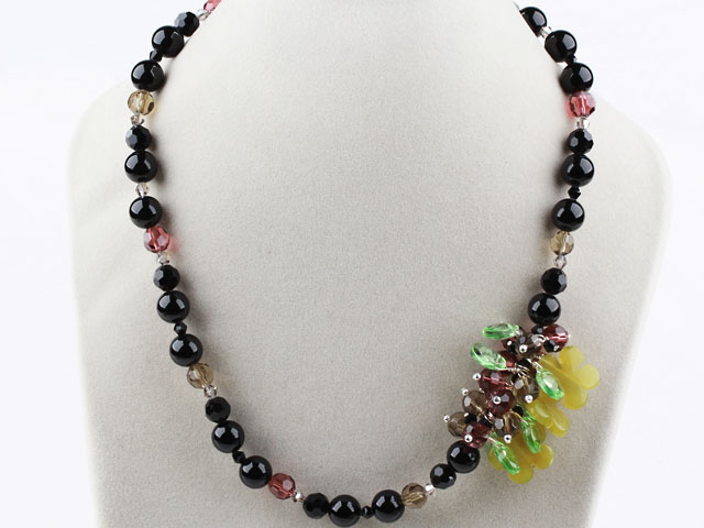 New Design Black Agate and Crystal and Olive Jade Necklace with Lobster Clasp