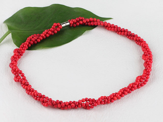 3 strand 4mm red coral necklace with magnetic clasp