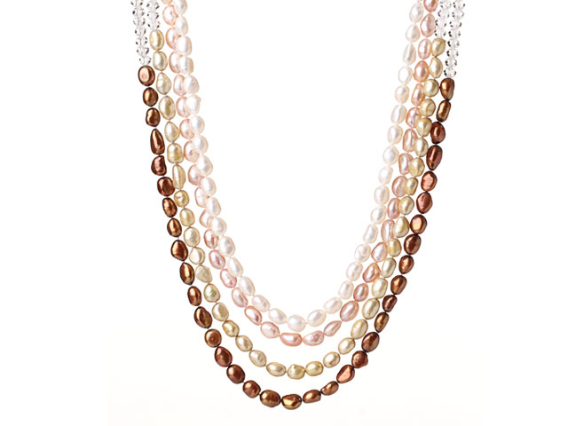 Fashion Four Strands Multi Color Baroque Freshwater Pearl and Clear Crystal Beads Necklace