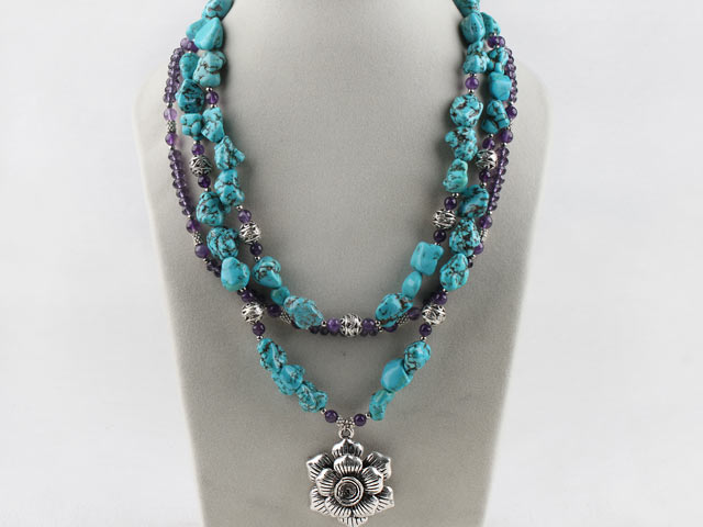 three strand turquoise amethyst tibet silver flower charm necklace