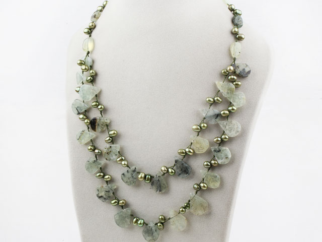 Two Layer Green Freshwater Pearl and Green Rutilated Quartz Necklace