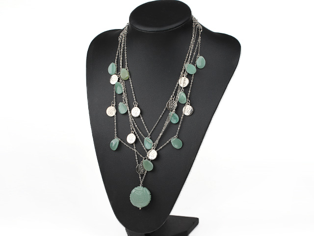 multi strand drop and heart shape aventurine necklace with tibet silver charm