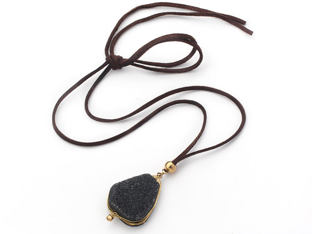 Black Series Wire Wrapped Black Frosted Agate Pendant Necklace with Dark Brown Leather