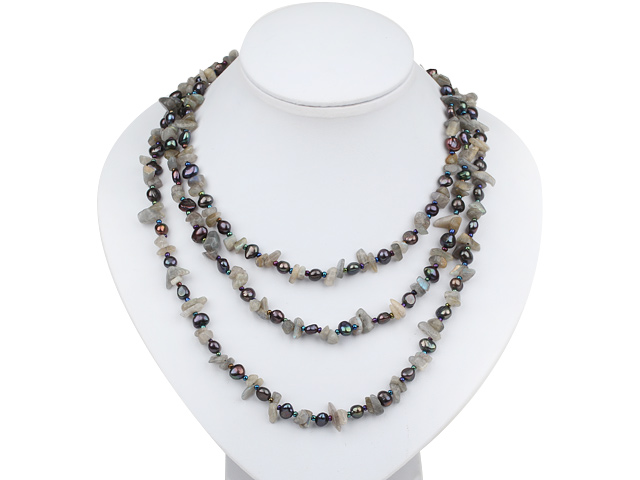 51 inches glitter stone and black pearl long style necklace