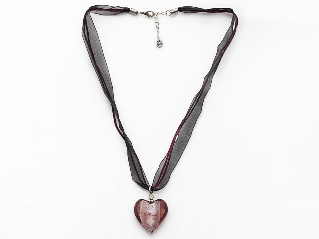 heart colored glaze neckalce with ribbon extendable chain